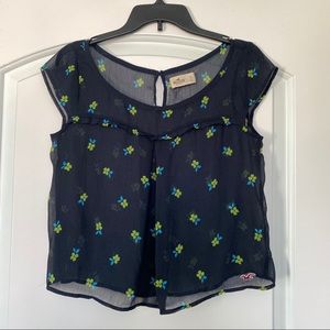 Hollister Floral Sheer Navy Blue Short Sleeves Top Size S
